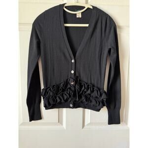 J. Crew Black Merino Wool Ruffle V Neck Cardigan Womens XS Coquette Twee Whimsy
